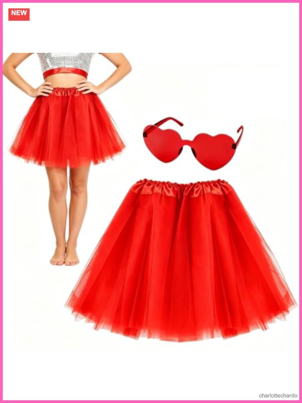 PLULON Women's Tulle Tutu Skirt Heart Sunglasses Set Costume Party